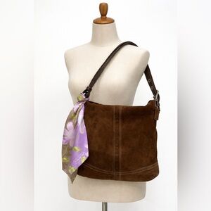 COACH Suede w/Leather Trim SoHo Duffel 2 Way Adjustable Strap Silk Coach Scarf
